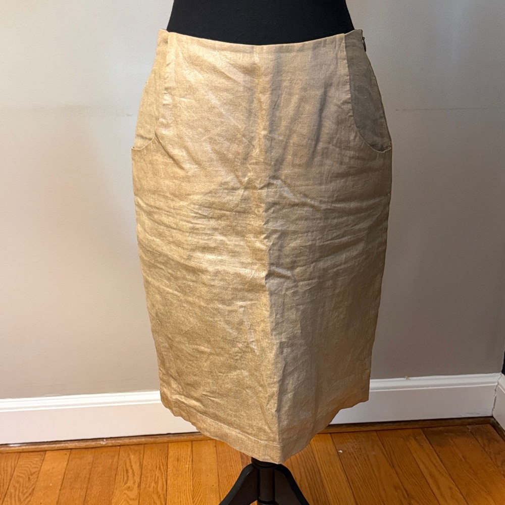 Casch  Metallic Gold Pencil Skirt Size 36 Linen Blend Minimalist Chic 4-6 us
